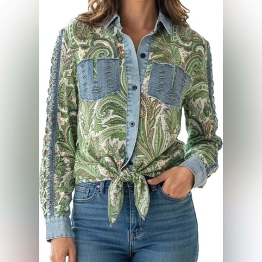 A.Z.I. New York Paisley Denim Chiffon Lattice Open Long Sleeve button Down Top S